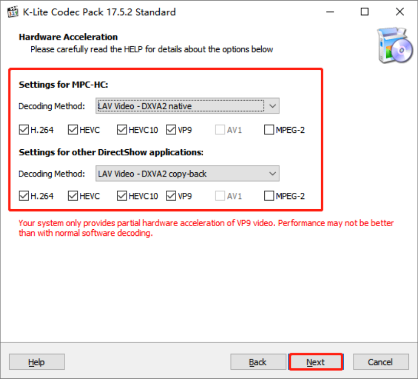 K-Lite_Codec_Pack - インストール 3 - デコード方法の横にあるハードウェア アクセラレーションの下のすべてのチェックマークをオンにします