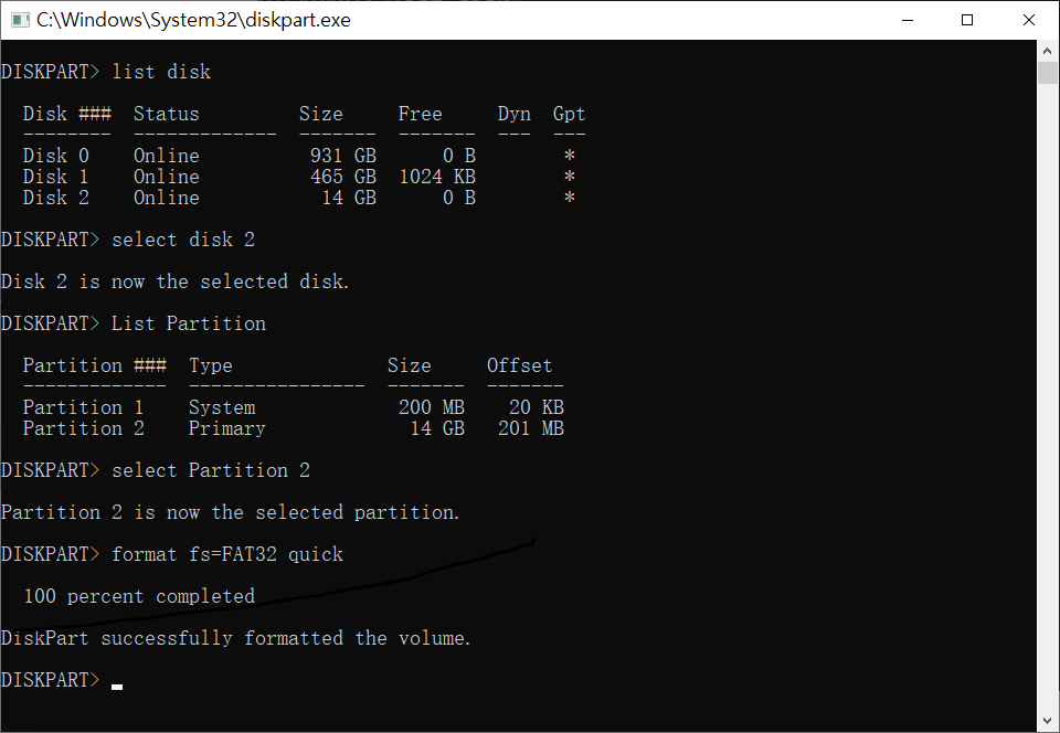 diskpart-LIST volume-FORMAT FS=fat32 QUICK